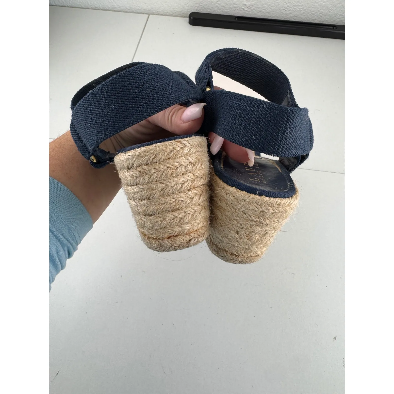 Lauren Ralph Lauren Navy Blue Canvas Espadrille Wedge Sandals Women Size 6.5 - Image 4