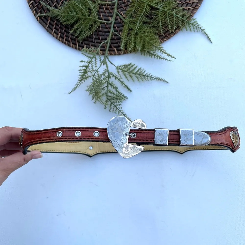 Women’s Belt Brown Leather Braided Heart Buckle - Image 2