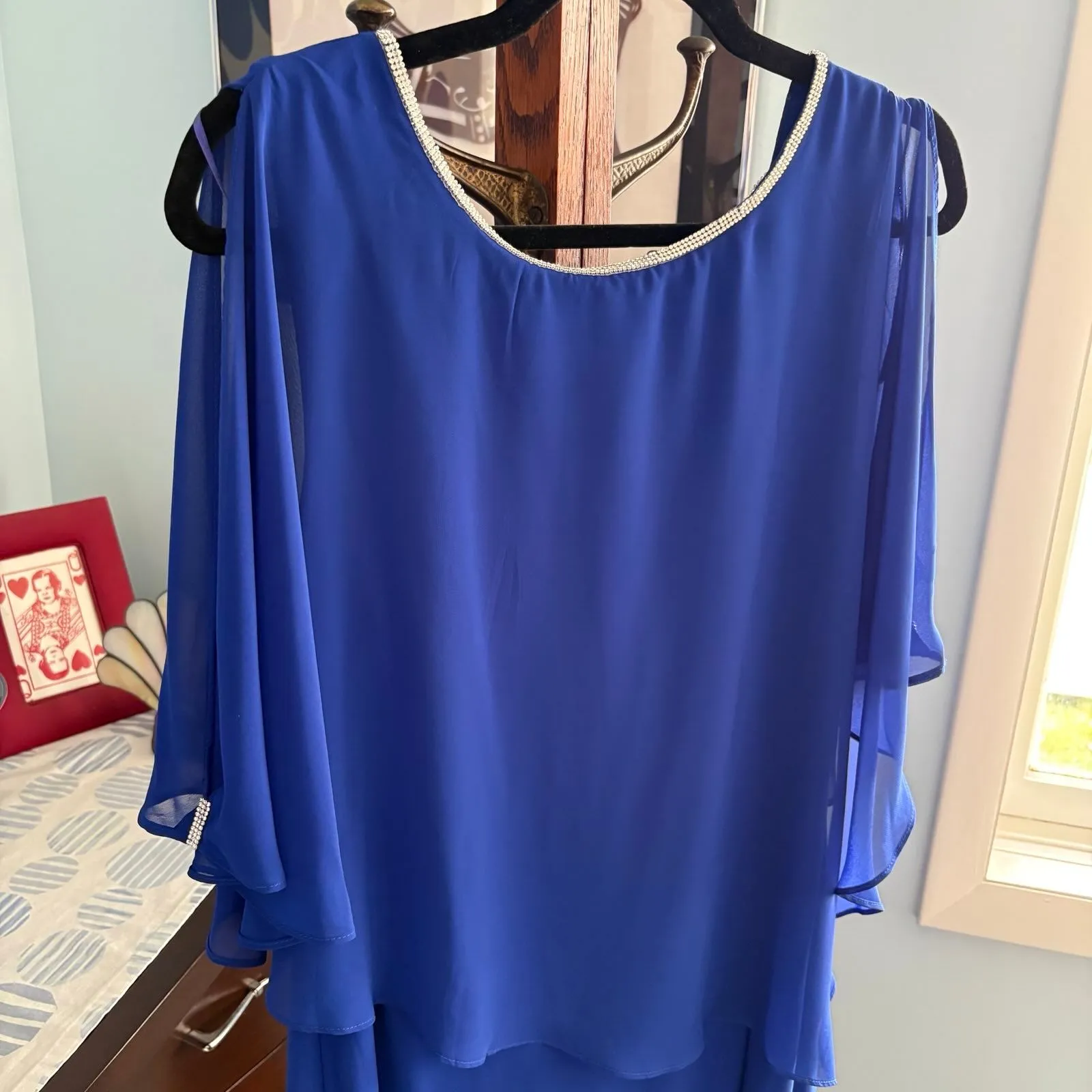 MSK Embellished Rhinestone Cape Sleeve Sheath Dress in Goddess Blue size L Size L - Image 6