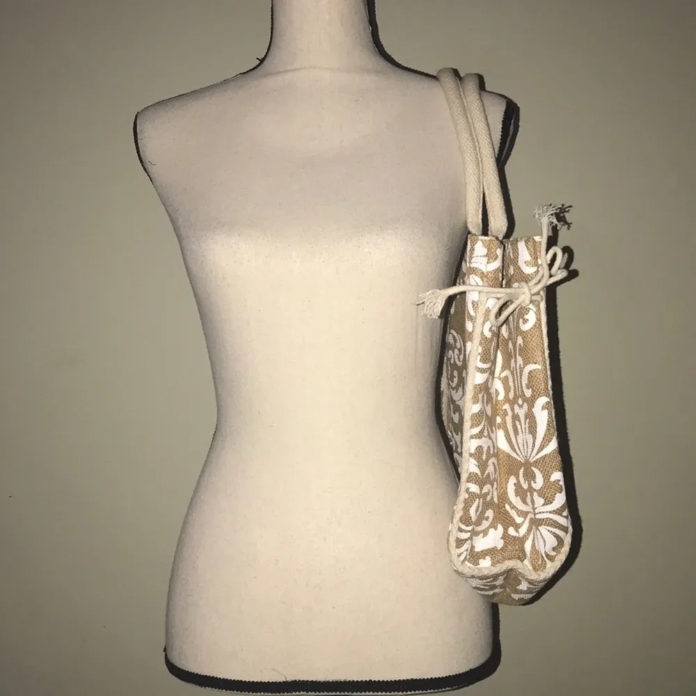 Boutique burlap damask print tote bag summer beach Tan - Image 4
