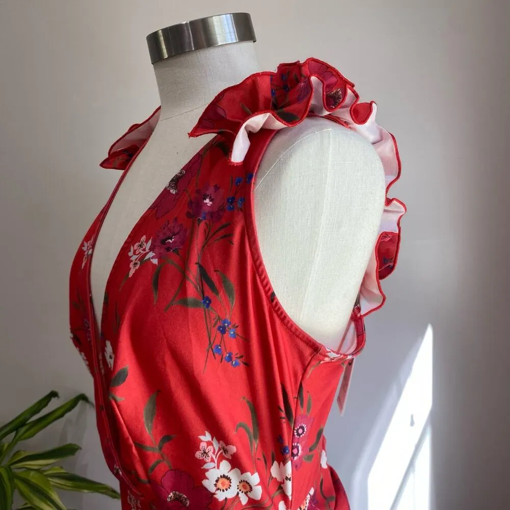 Fashion To Figure Red Floral Form Fitting Ruched Sides V Neck Mini Dress - Image 5