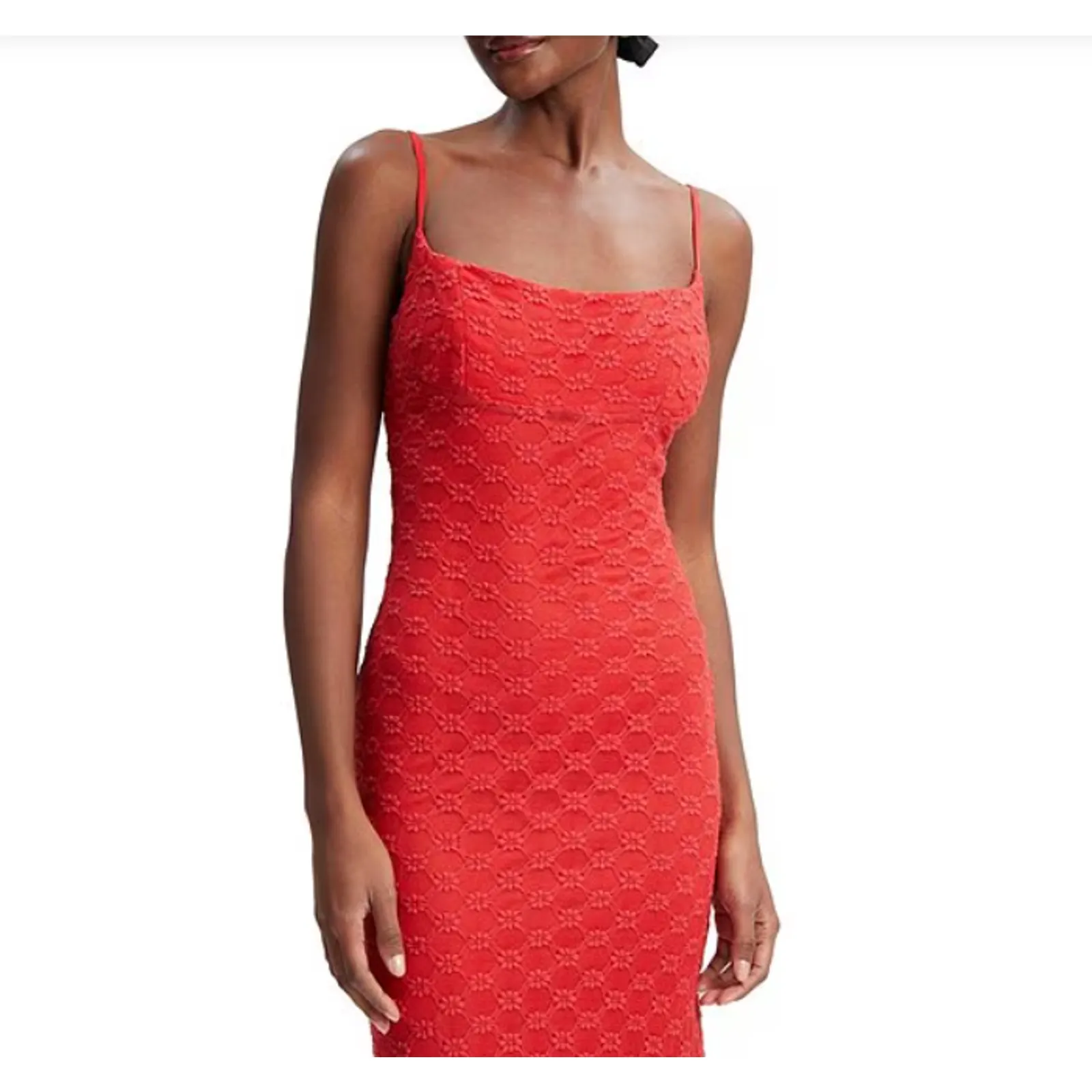 Bardot Adoni Square Neck Textured Floral Mesh Midi Slip Dress Fire Red Size 8 - Image 4