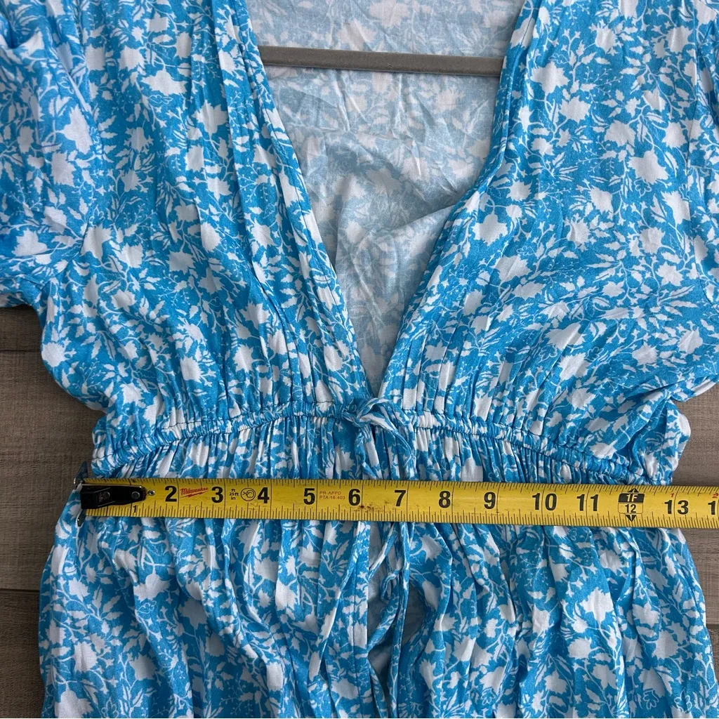 Playa Lucila Blue White Floral Long Sleeve Empire Tie Waist Open Duster Cover S - Image 13