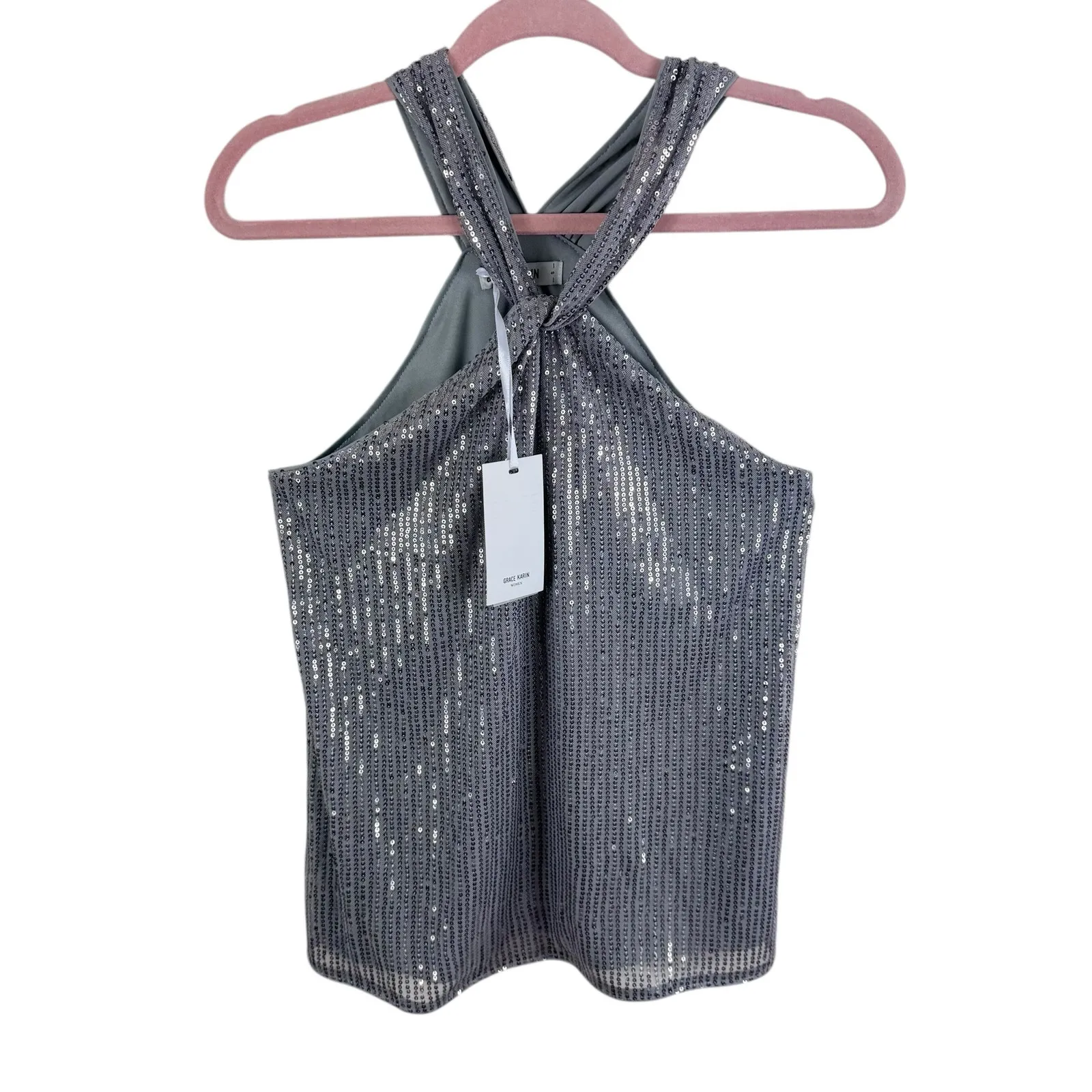 Grace Karin NWT Silver Sequin Glitzy Glam Lined Halter Blouse Size S - Image 2