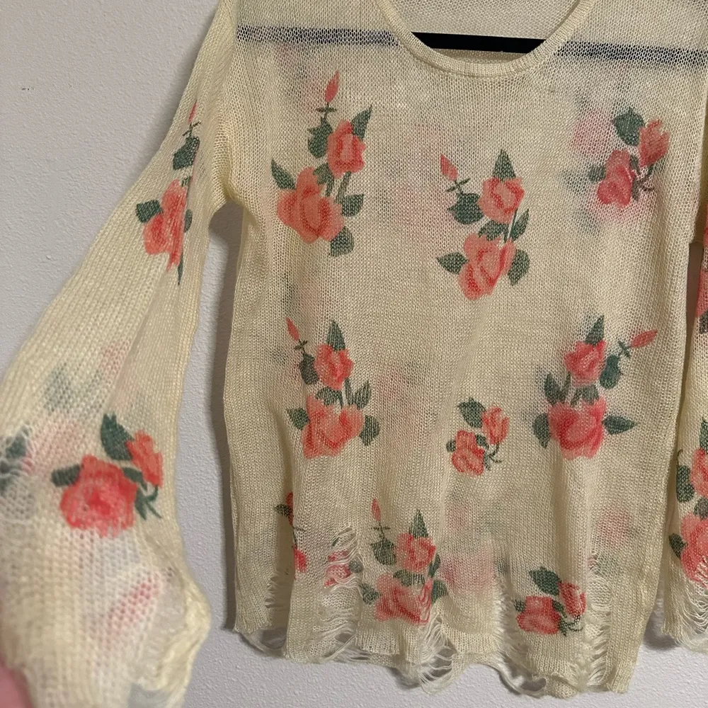 Girly Thin Distressed Knit Top with Rose Print - Image 2