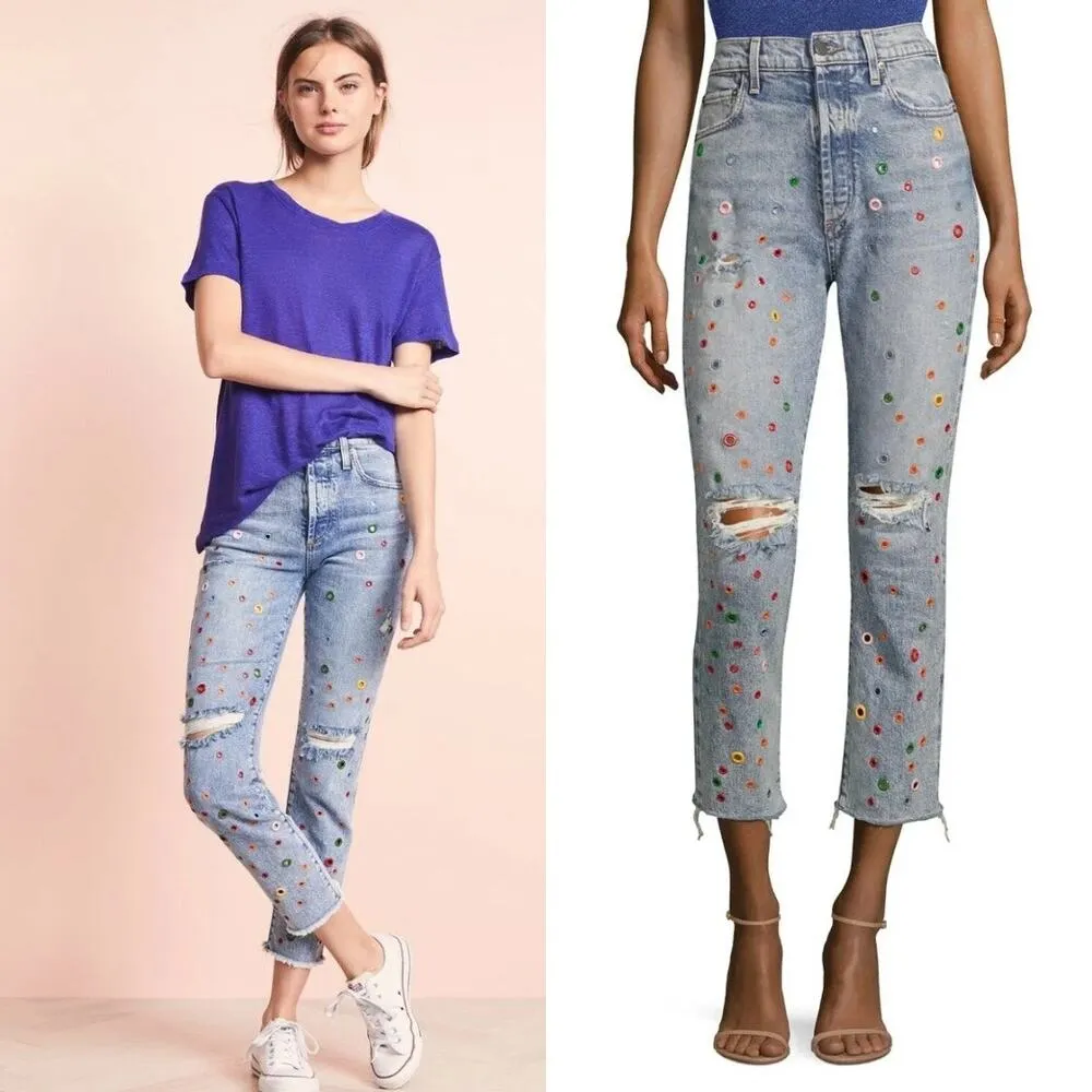 AO.LA Alice + Olivia Whimsical Grommet Jean Sz 28 Indie High Rise MSRP $495.00 Blue - Image 12