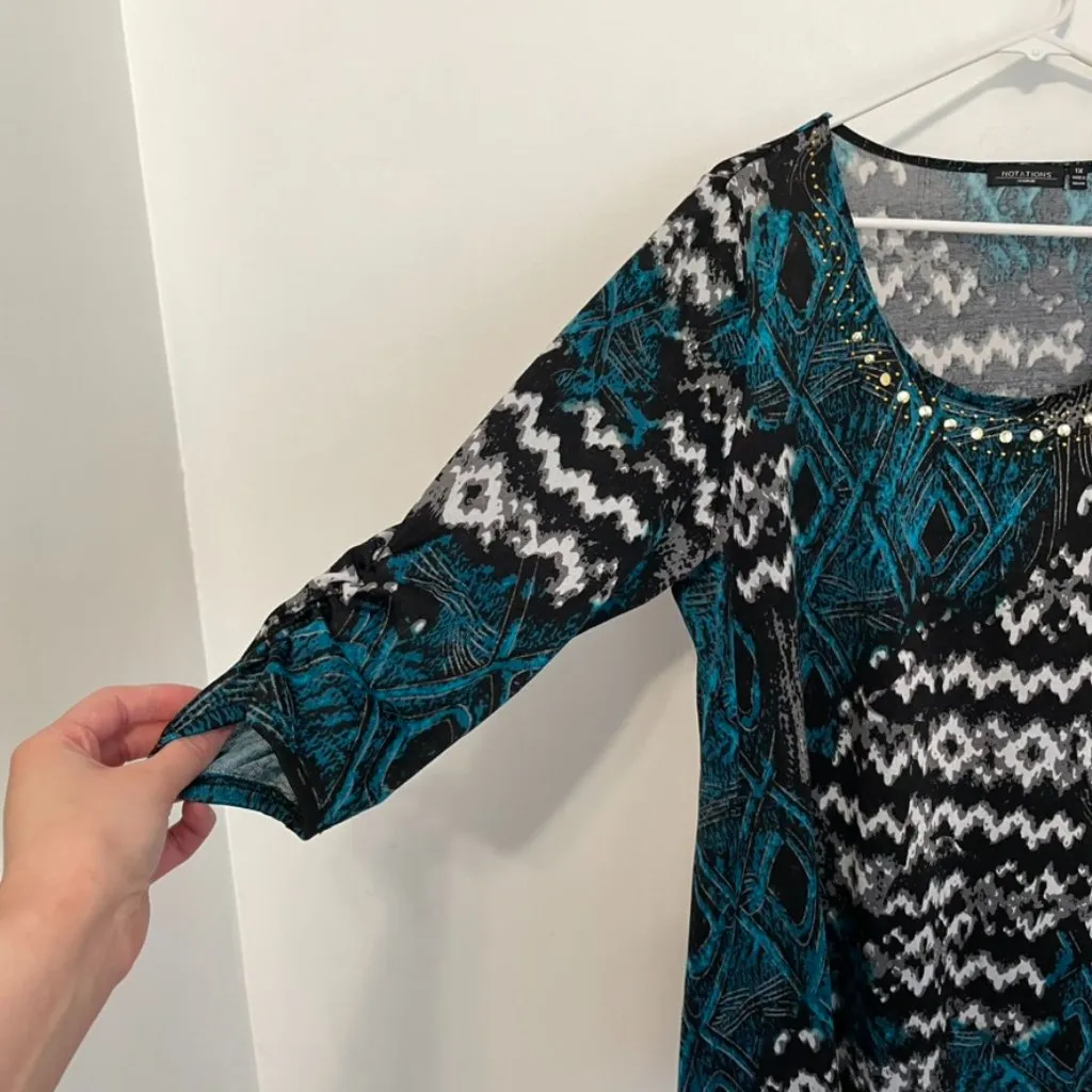 NOTATIONS Plus Size Black White Teal Blue Ikat Geometric Boho 3/4 Sleeve Tunic - Image 9