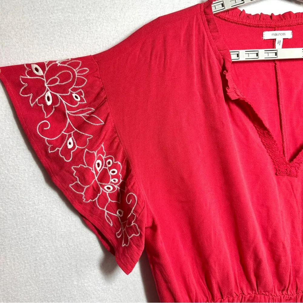Maurices Peplum Top XL Red Embroidered Trim Floral Flutter Sleeves 100% Rayon - Image 3