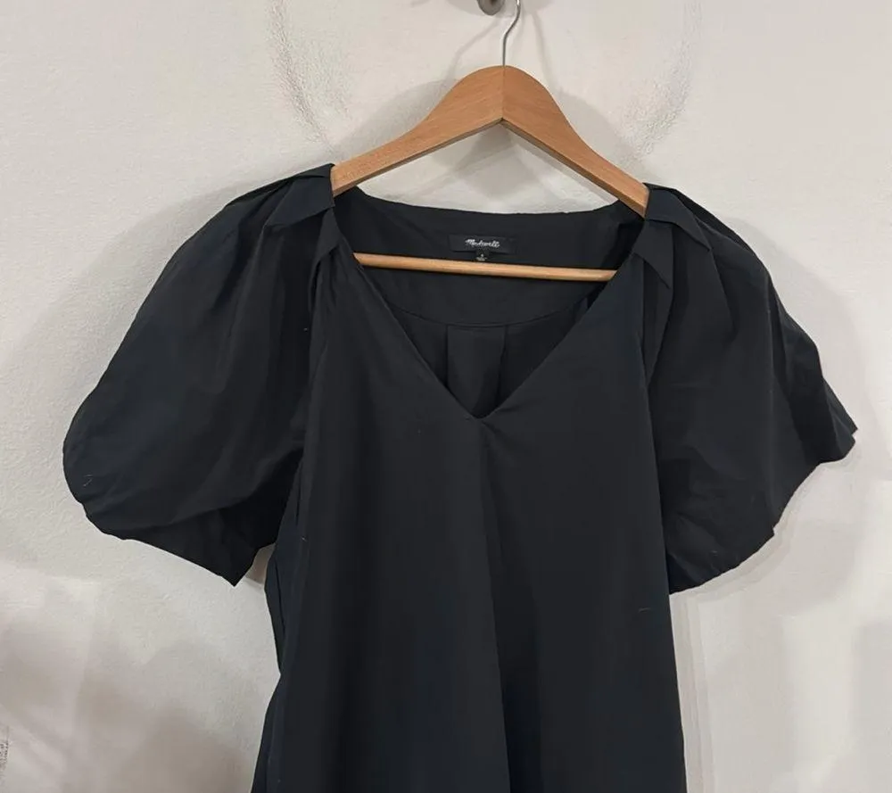 Madewell V-neck Puff Sleeve Cotton Mini Shirtdress Black size S - Image 4