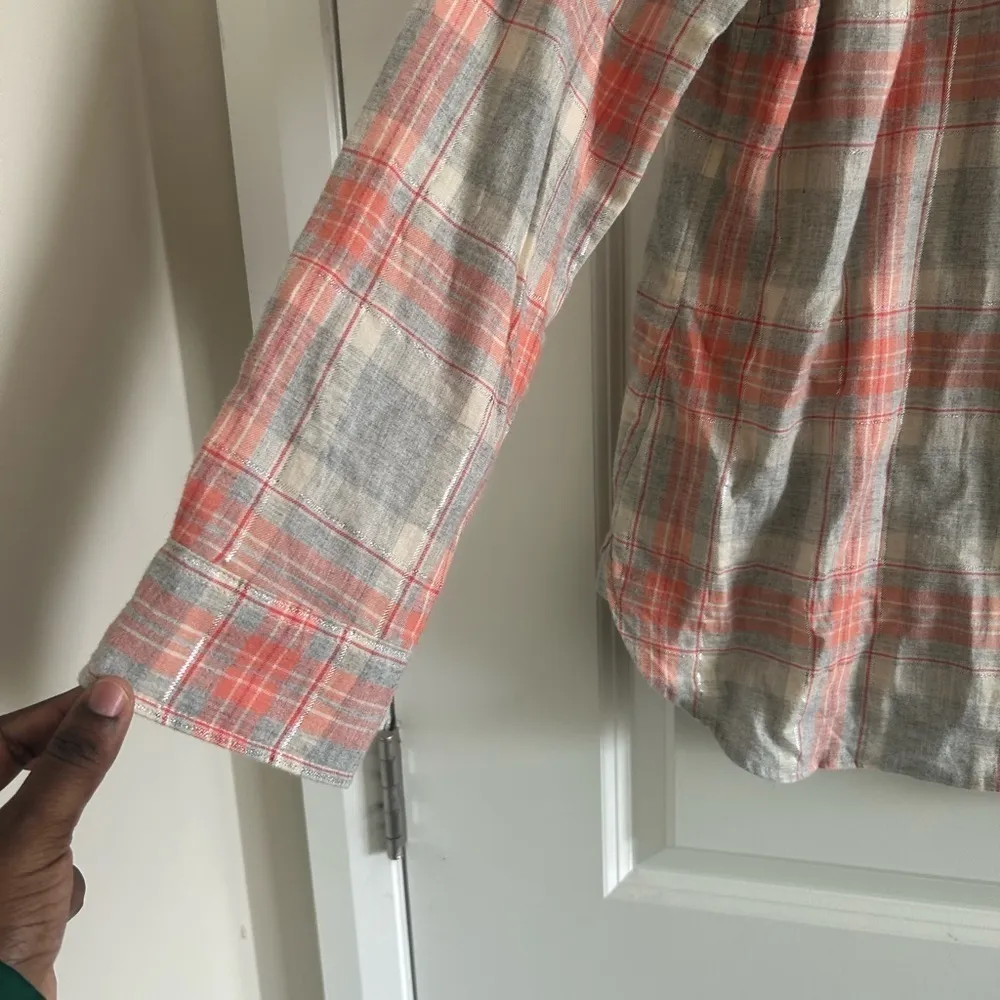 Talbots Metallic Button Front Shirt Dazzling Plaid, Coral And Grey , Siz… - Image 2