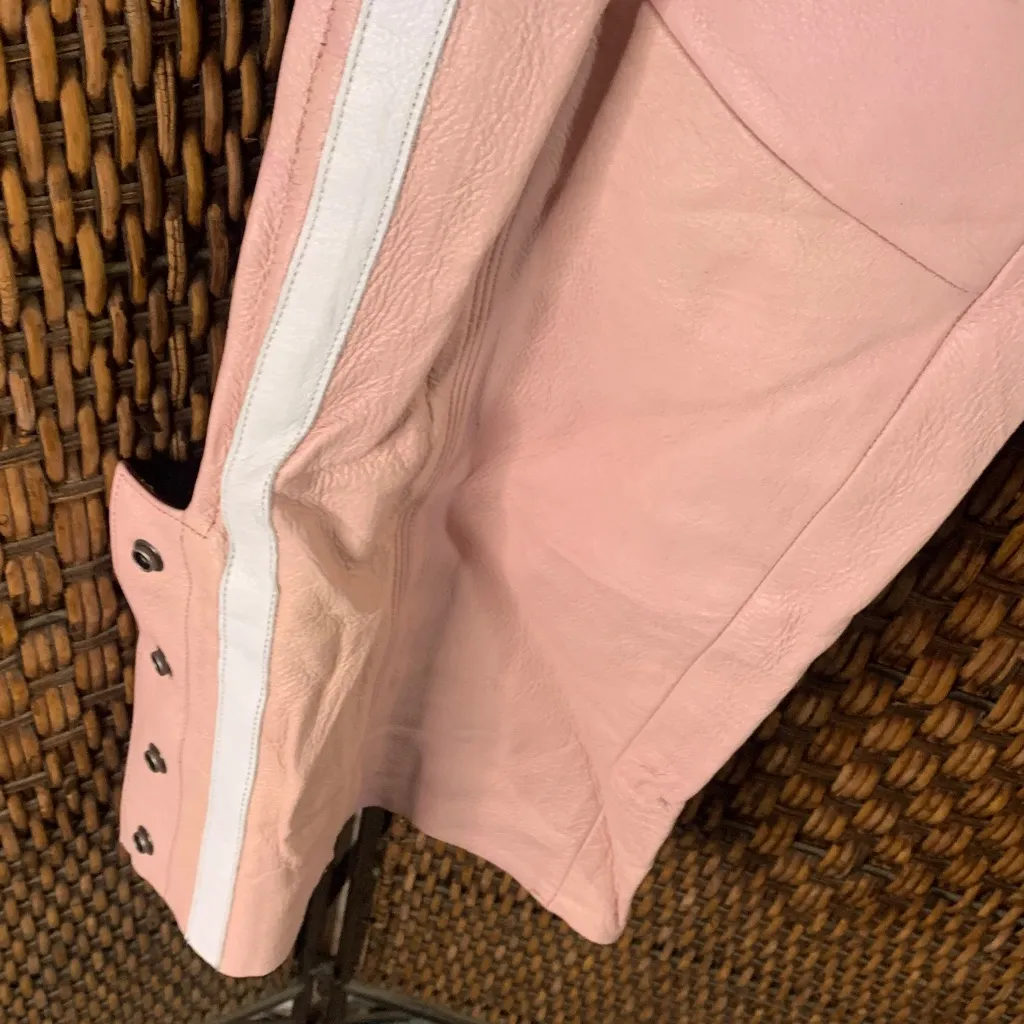 Power Strip Pink and White Leather Motorcycle Chaps Size S - Image 2
