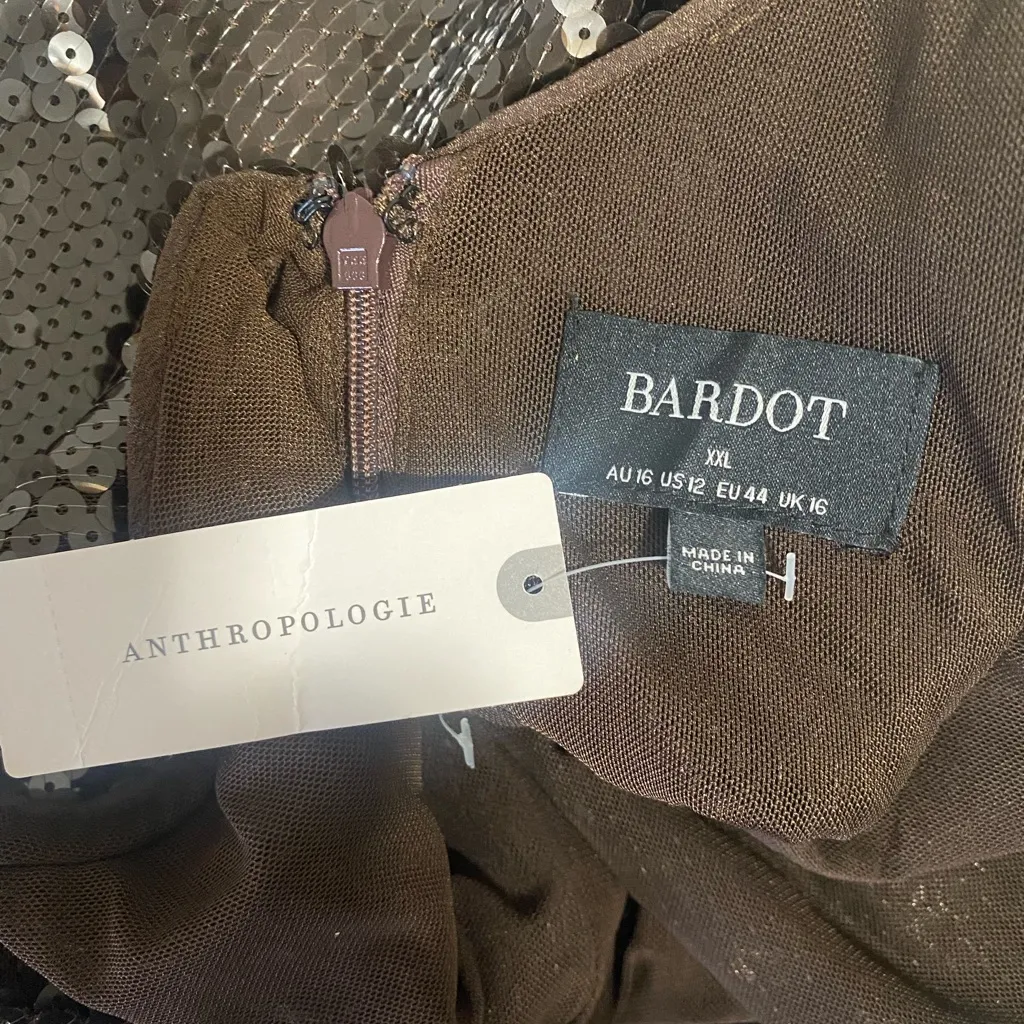 Bardot Verona Sequin Maxi Dress Brown 12 NWT Anthropologie Dark Chocolate - Image 3