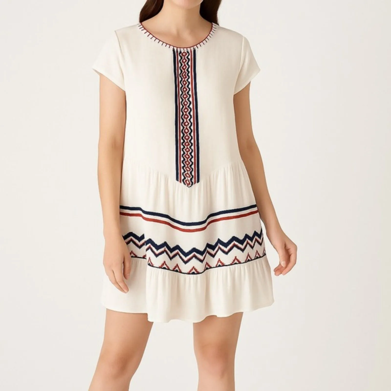 THML Mini Dress Women's Size Medium Cream Boho Tribal Embroidered Dropped Waist - Image 9