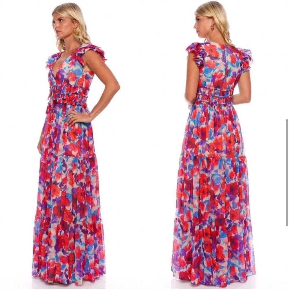 PatBO Violet V Neck Flutter Sleeve Maxi Dress in Size 0 NWT Cherry Maxi Ties New Red - Image 5