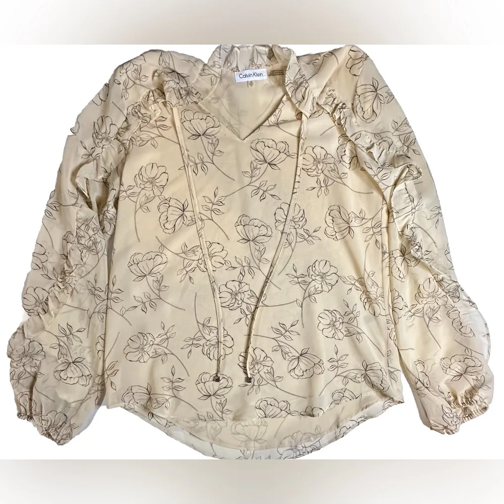 Calvin Klein‎ Long Sleeve Ruffled Sheer Floral V-neck Tan Blouse  Pre-owned XS - Image 3