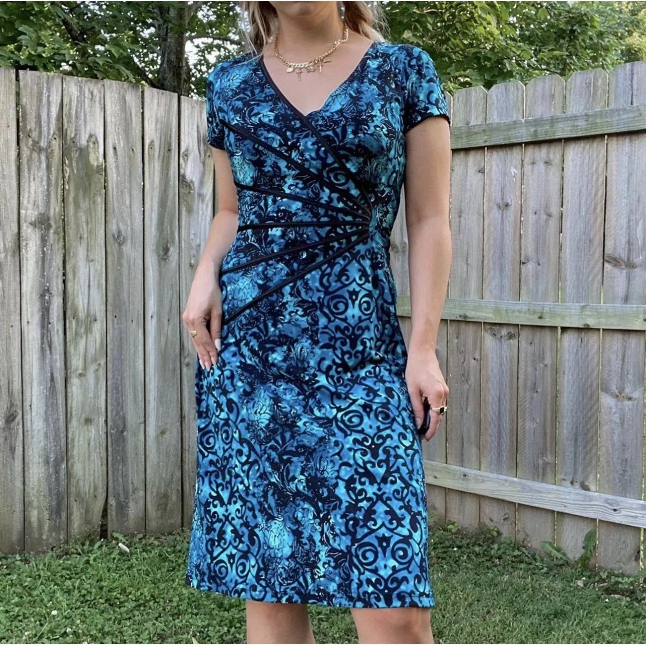 Connected Apparel Green Blue Artsy Stretch Jersey Drape Dress 16 Forrest Fairy - Image 3