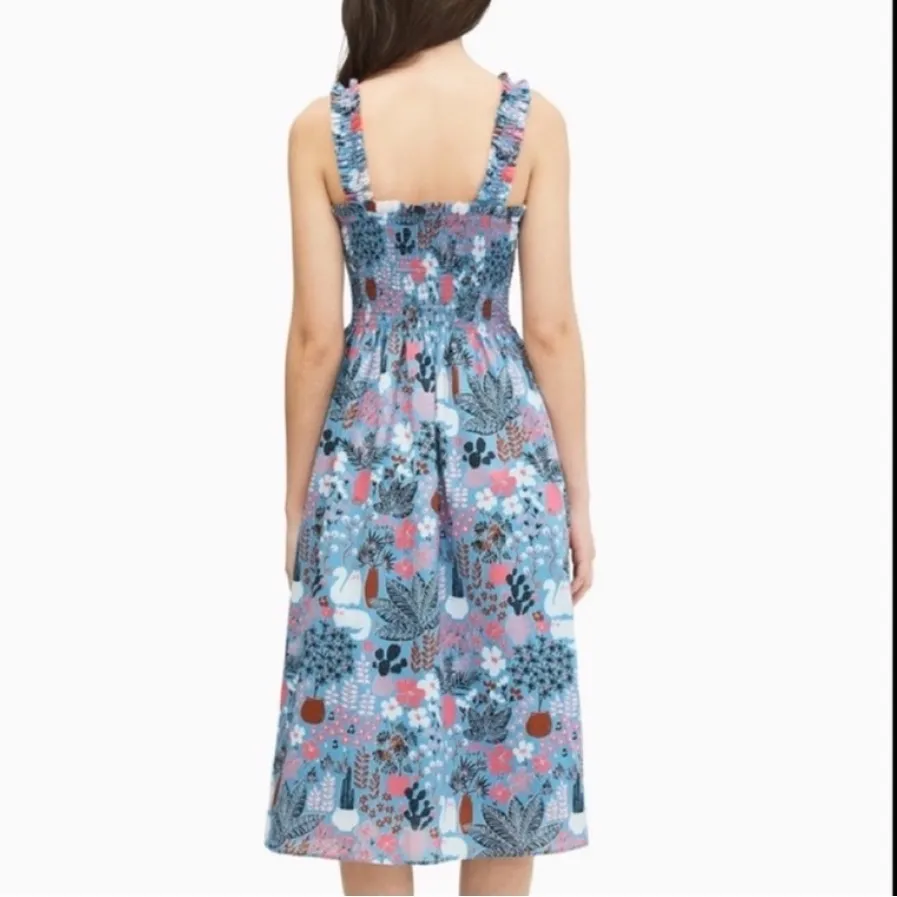 Kate Spade Garden Posy Smocked Midi Dress Blue Pink Floral Cat Cactus Print XS - Image 2