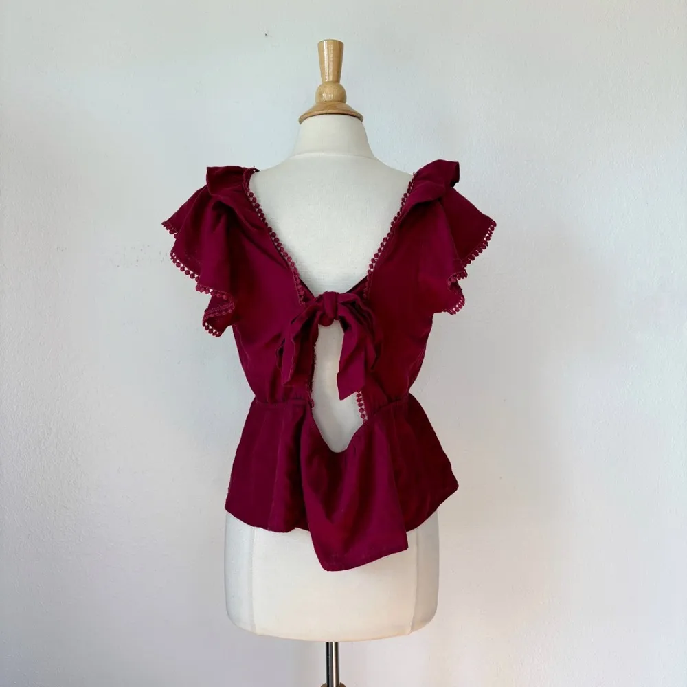 Solid Maroon Crochet Accent Open Back Blouse - Image 2