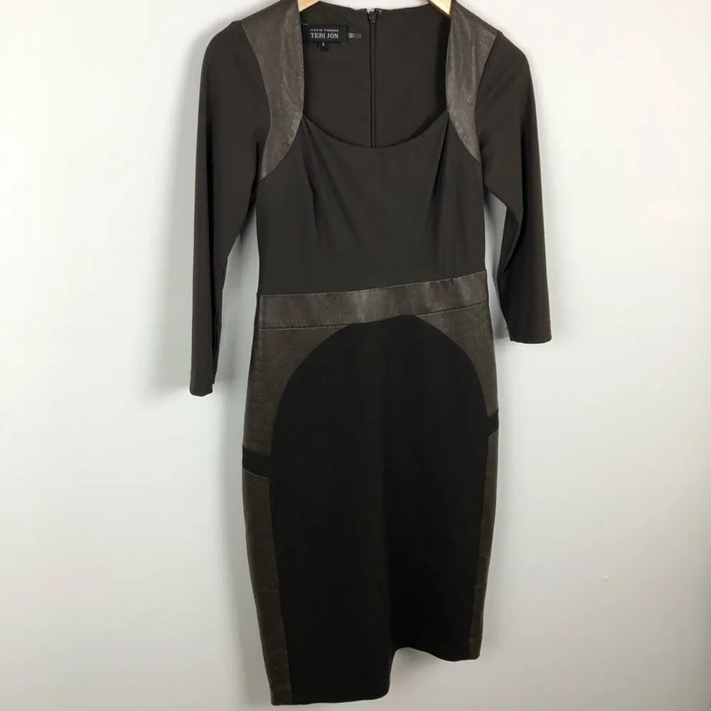 Rickie Freeman Teri Jon Sheath Dress Faux Leather Brown Size 4 - Image 6