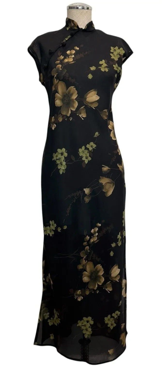 Vtg Sz 6 Qipao Dress Asian Sheer Dark Floral Old Shanghai Style Whimsigoth Sheer - Image 1