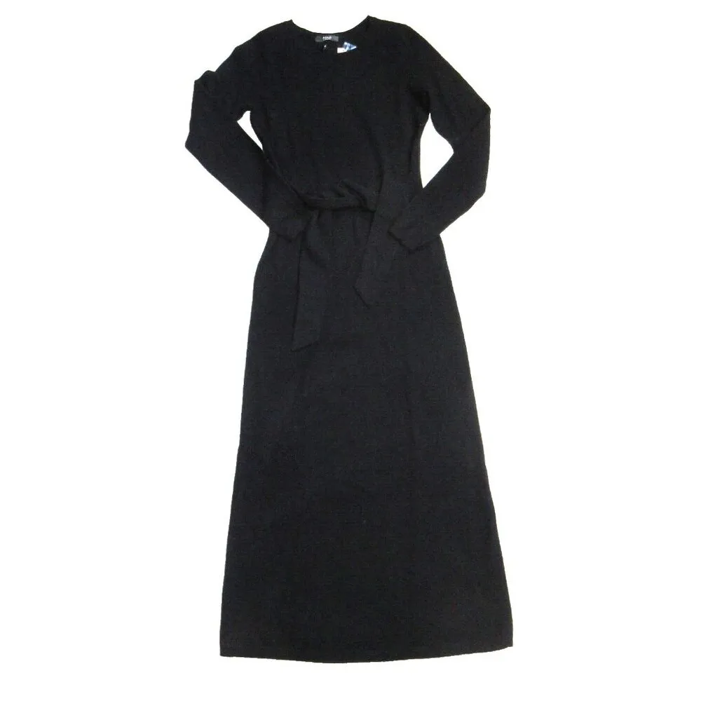 NWT Aqua Cashmere Tie Waist Midi in Black Crew Neck Sweater Dress XS $198 - Image 2