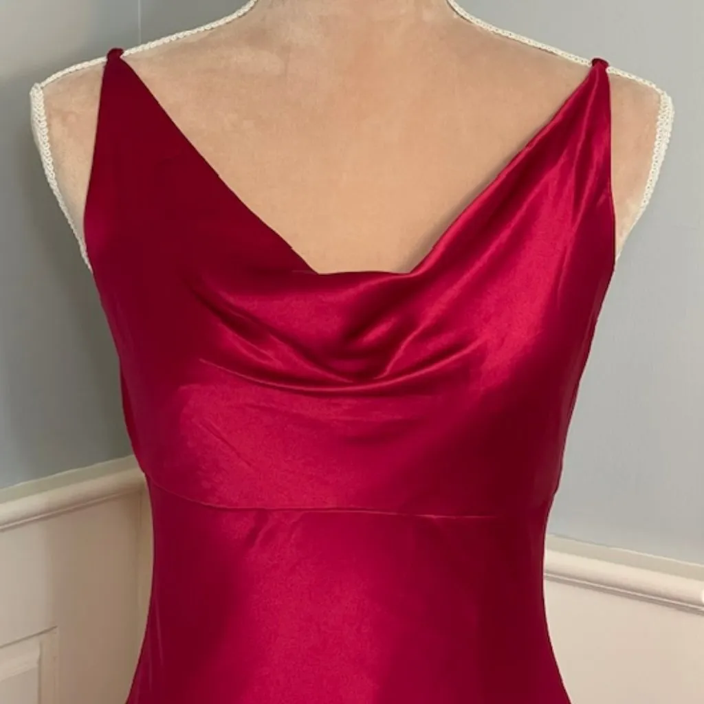 Vintage Ann Taylor 100% Silk Cowl Drape Neck Midi Slip Dress Red Satin XS/4P - Image 4