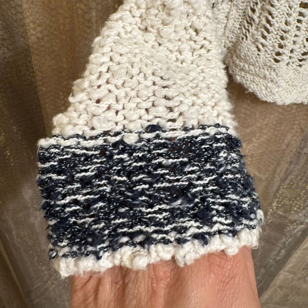 Free People Cali Love Striped Navy Blue Ivory Crochet Hoodie Knit Sweater Small - Image 6