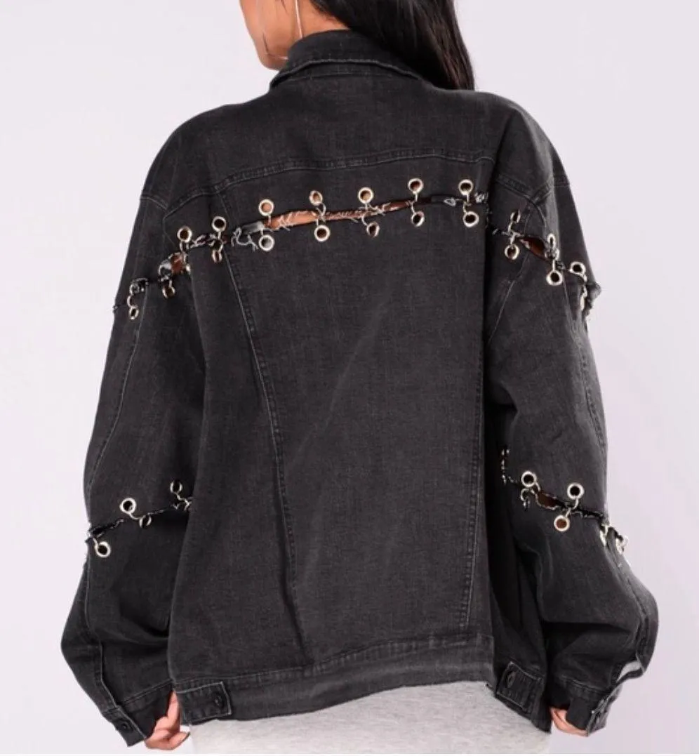 Black Chain Denim Jacket Size M - Image 2