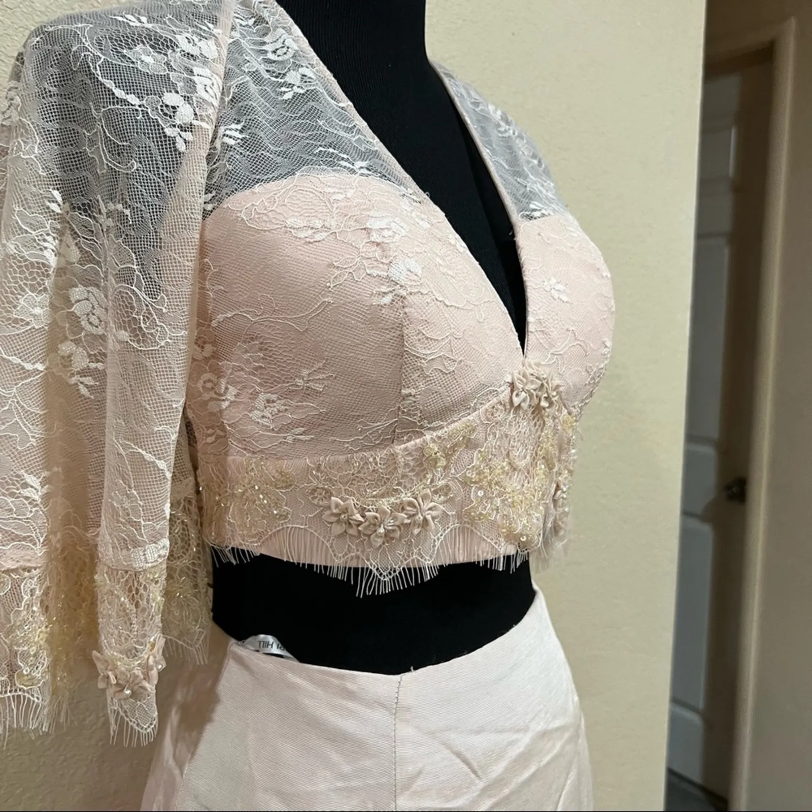 Sherri Hill 50877 blush pink mermaid lace bell sleeve mikado skirt gown NEW 2 - Image 5