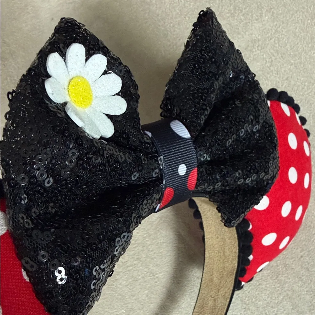 Disney's Polka Dot Minnie Mouse Ears Headband with Black Sequin Bow Red - Image 7