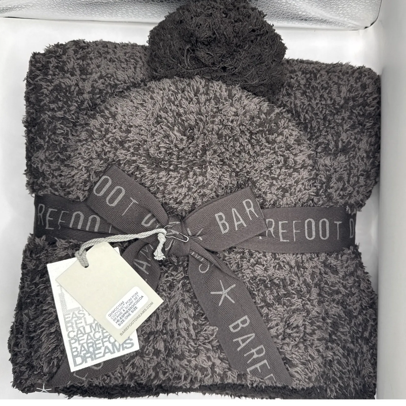 Barefoot Dreams CozyChic Pom Pom Beanie & Scarf Set Espresso Cocoa NWT - Image 2