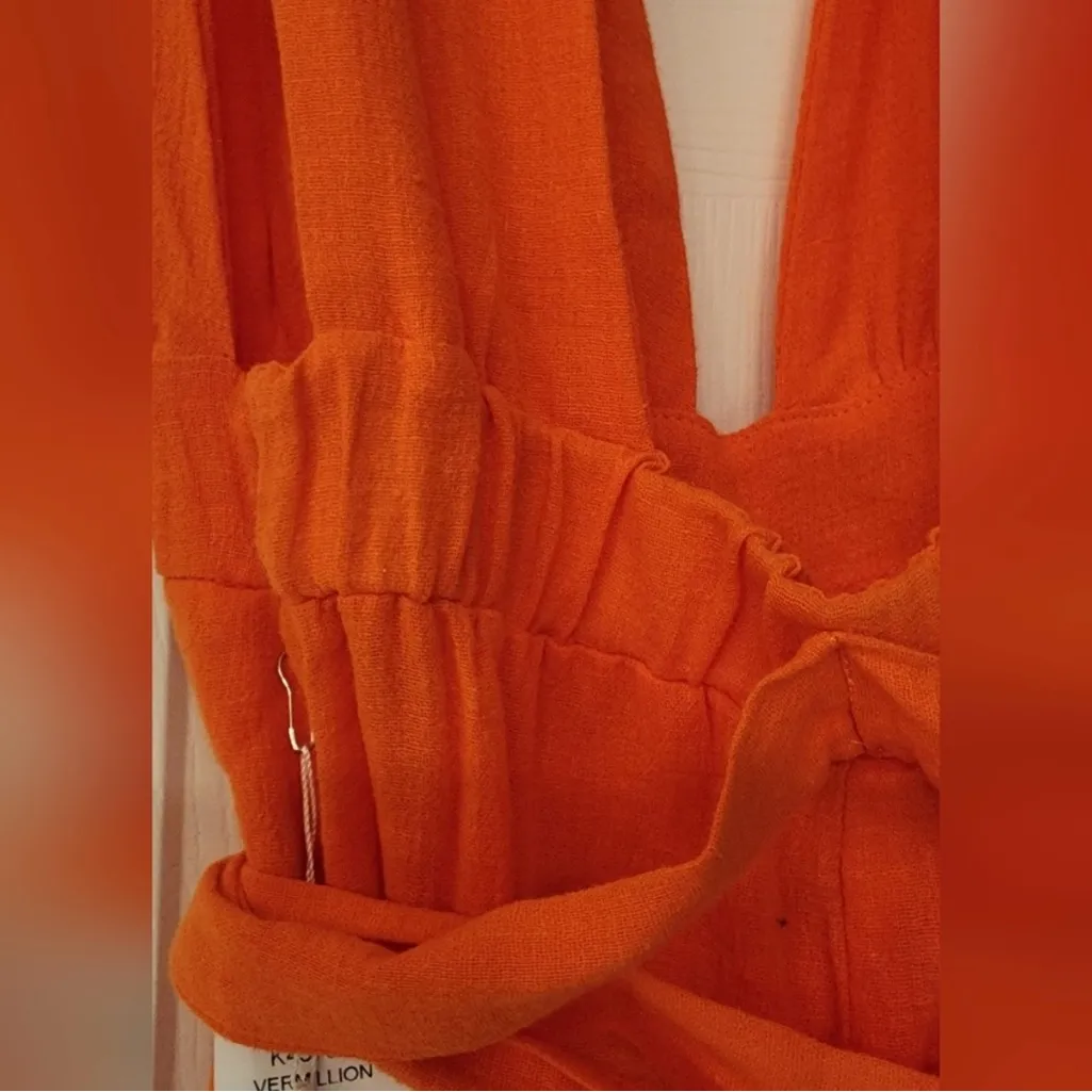 WET Vermillion Orange Plunge Neck Jumpsuit Linen Blend Women’s Size XS - Image 9