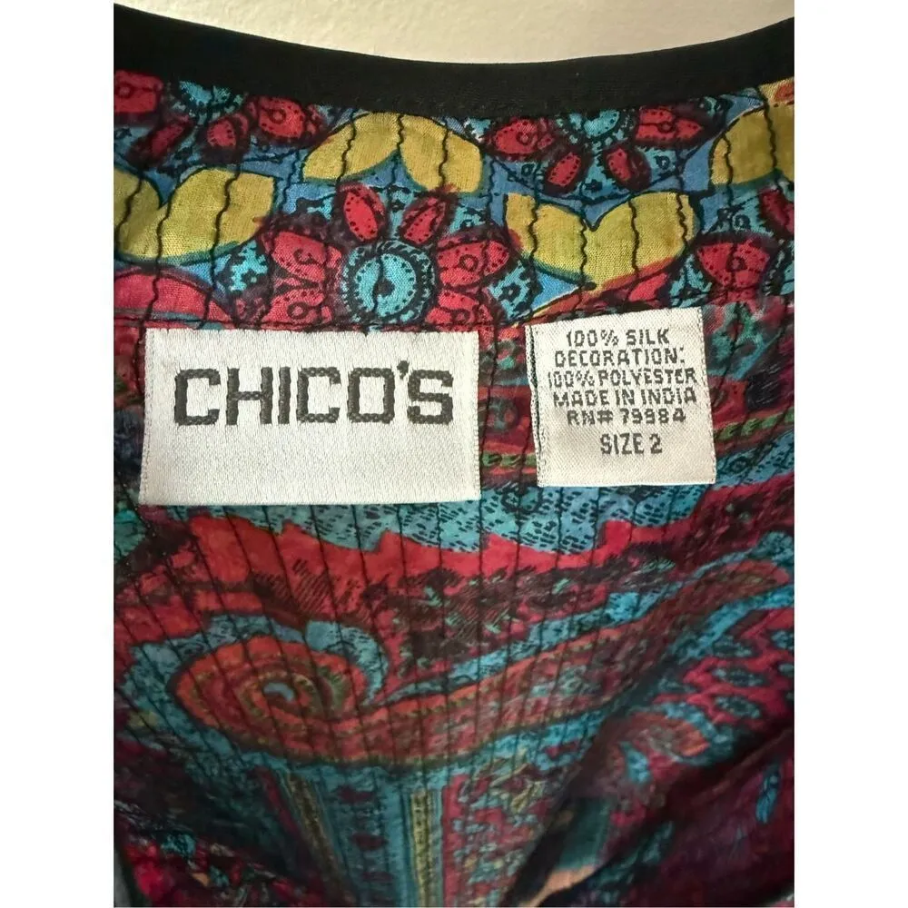 Vintage Chico’s 100% Silk Quilted Open Front Boho Paisley Jacket - Image 6