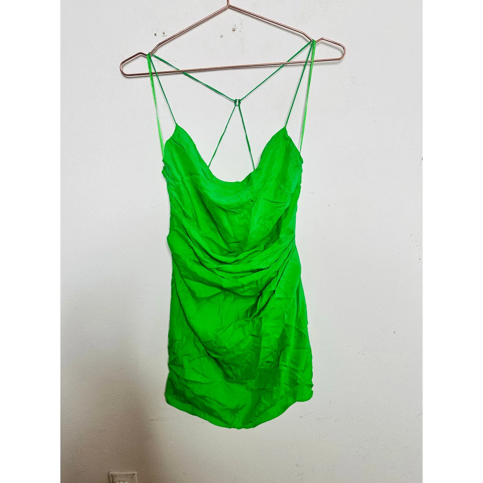 GAUGE81 Green 100% Silk Drape Front Mini Cowl Neck Strap Back Shirori Dress sz S - Image 2