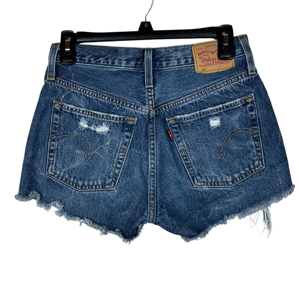 Levi’s 501 SZ W26 Jean Shorts Button-Fly Distressed Rips Medium Wash Frayed Hems - Image 5