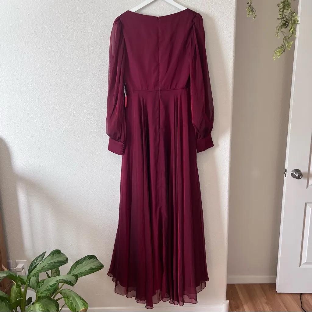 MAC DUGGAL Red Sheer Blouson Sleeve Surplice Gown - Image 3