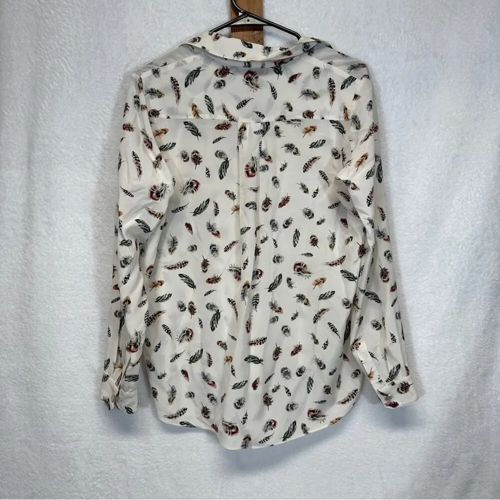 The Kooples 100% Silk Cream Multicolor Boho Feather Print Button Down Top Sz S‎ - Image 5