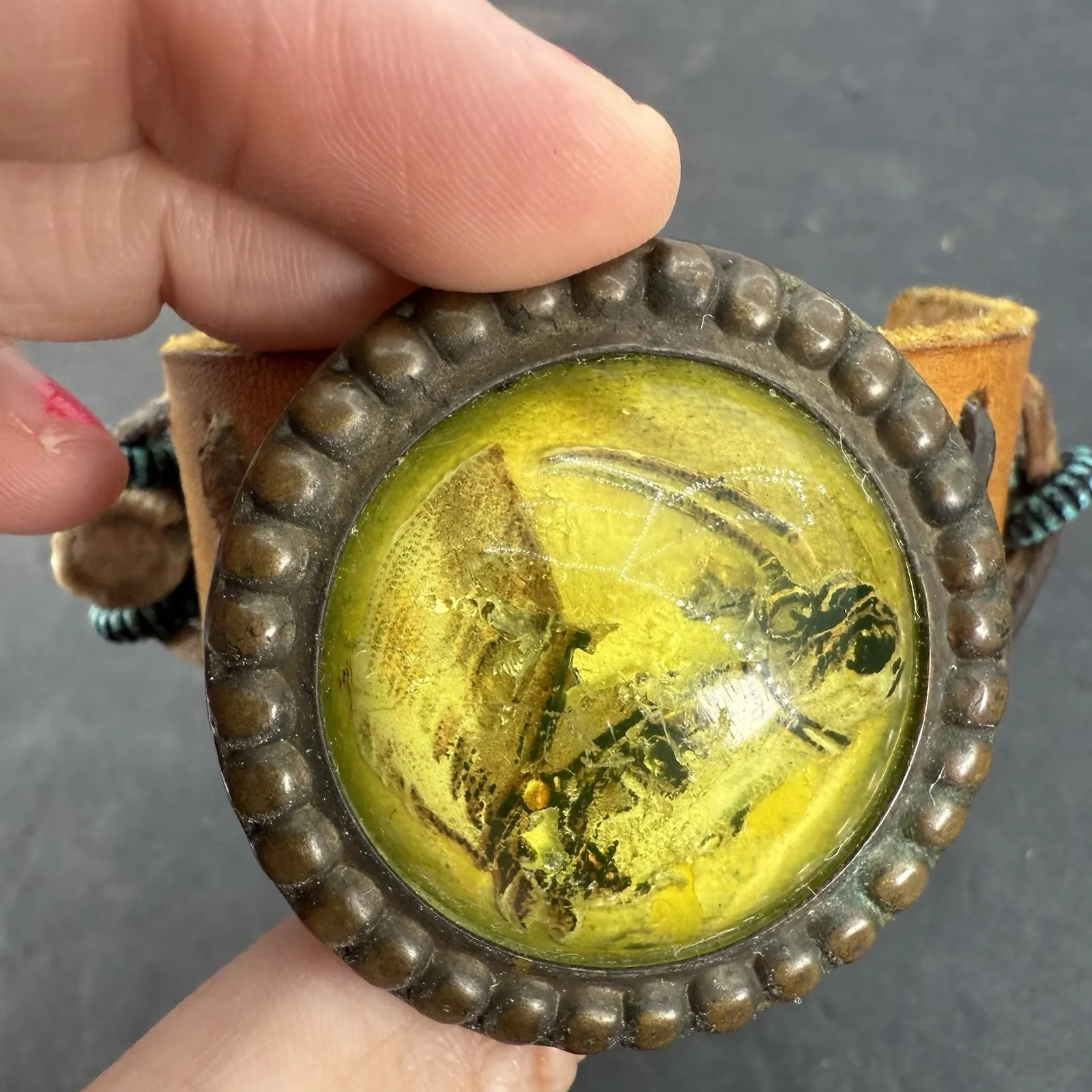 Vintage Handmade Leather Cuff Bracelet Amber Resin Antlers/Beads Native Cuff Orange - Image 7