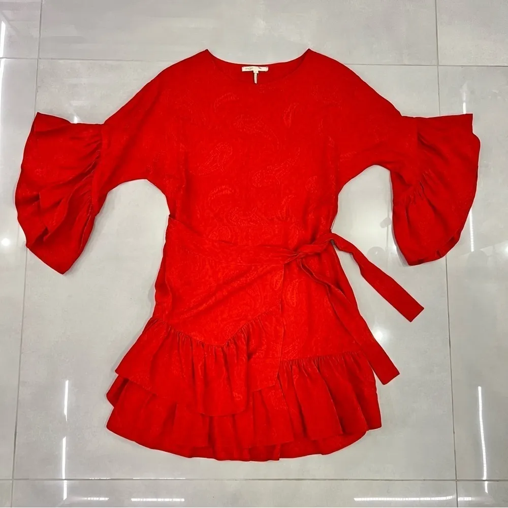 $440 Maje Red Floral Jacquard Rahima Rouge Faux Wrap Dress size 1/Small Mini - Image 5