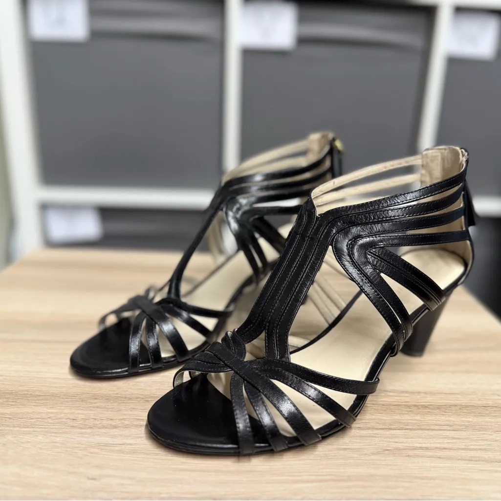 Nine West Freesia Sandal Stacked Heel Elegant Black Strappy Heels - Image 5