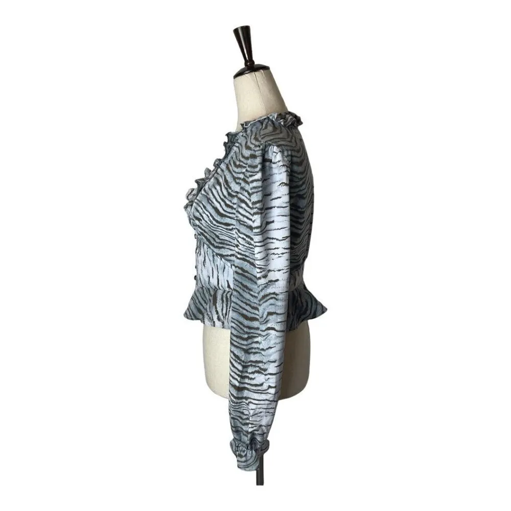 Vintage Havana Blue and Black Animal Print Ruffle‎ Cropped Peplum Blouse XS - Image 3