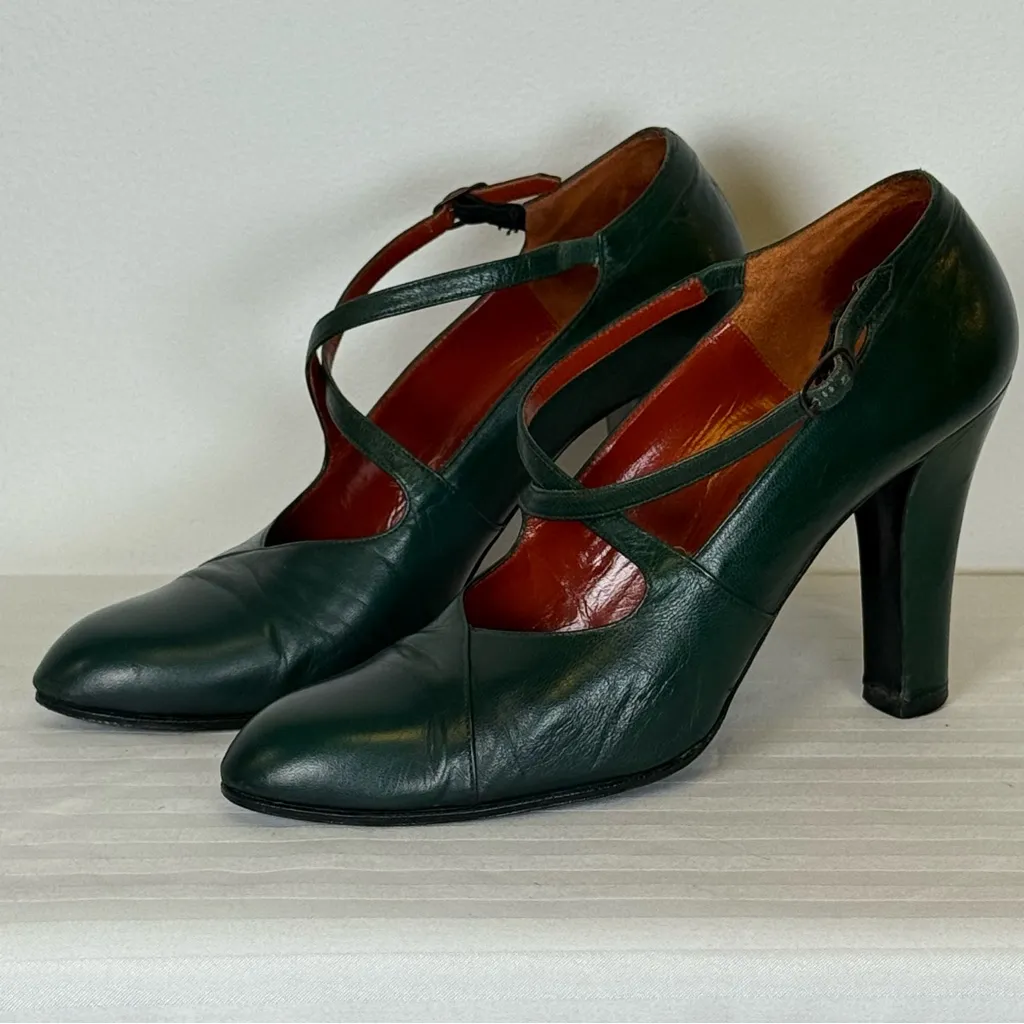 Vintage Yves Saint Laurent Paris Green Leather Mary Jane Pumps Womens Size 5 1/2 - Image 9