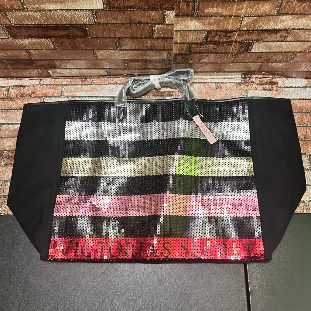 Victorias Secret Sequin Stylish Black and Multicolor Tote Bag - Image 4
