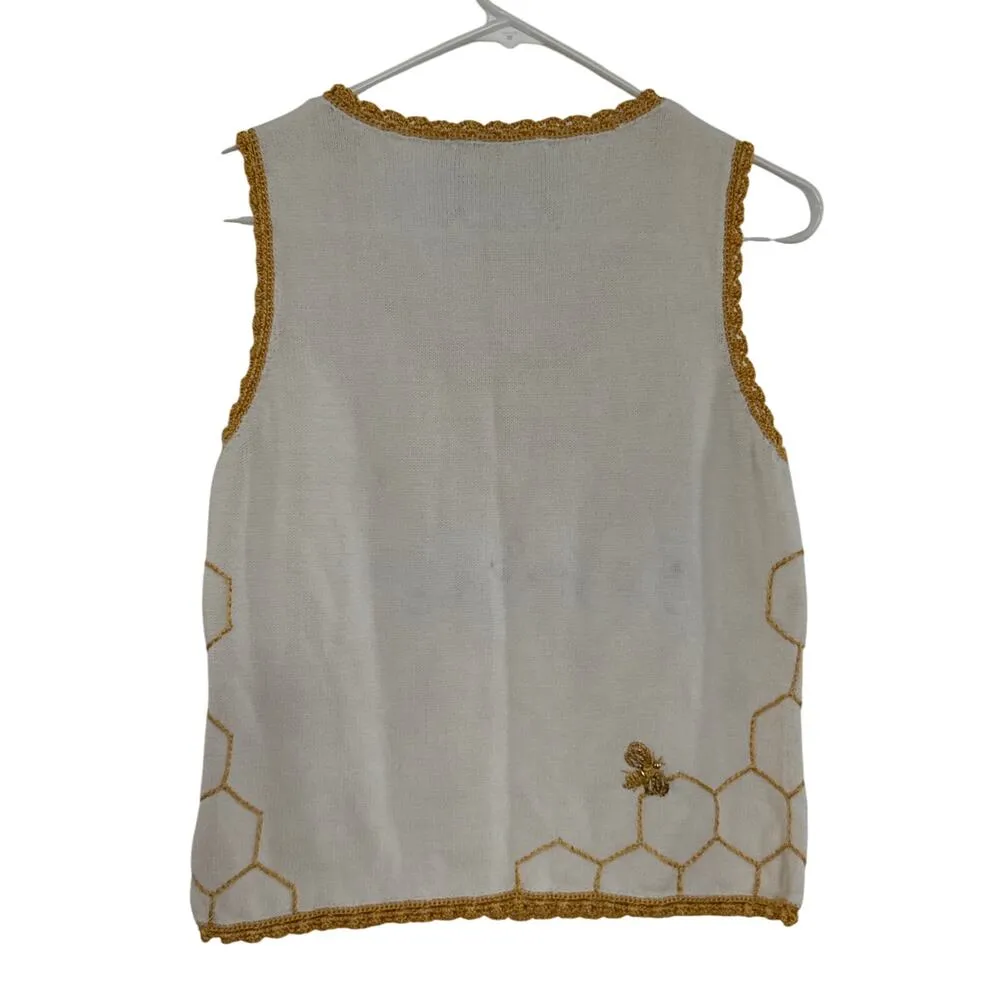 Y2K Michael Simon Knit crochet Bumblebee beaded Vest white gold yellow S/M - Image 2