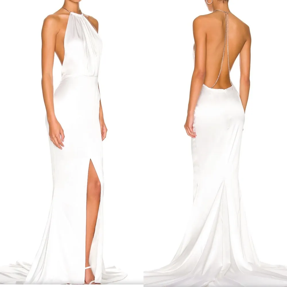Retrofete Silk Margot Low Back Front Slit Halter Gown Maxi Dress: White - Image 7