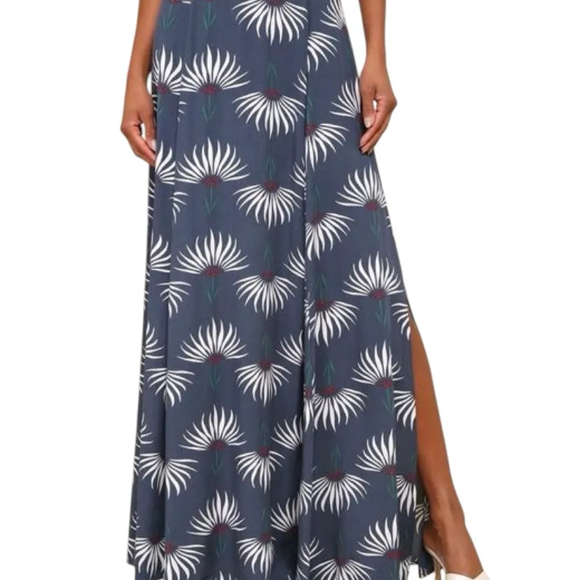 Lulus New Trancoso Dusty Blue cream dandelion Floral Print Maxi Skirt twin slit - Image 2