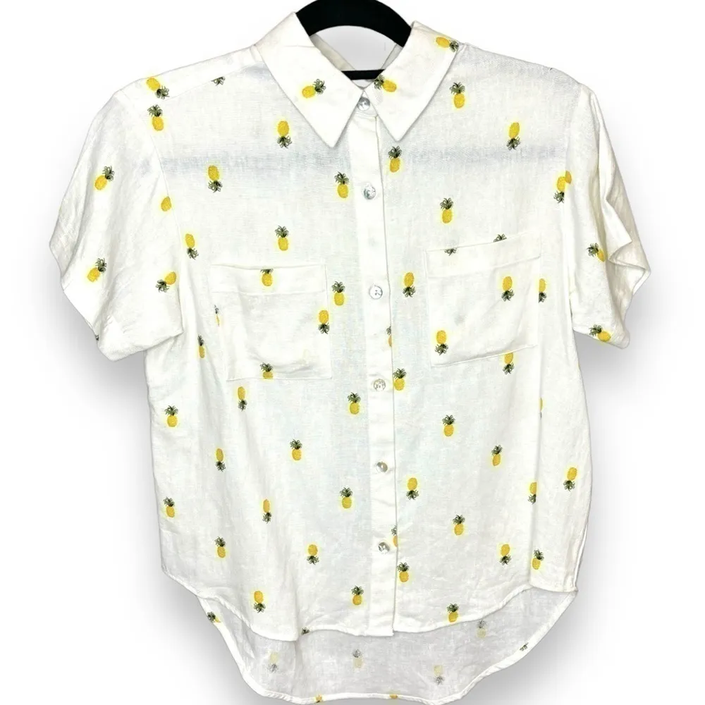 NWT Rae Dunn Pineapple Print Linen Blend High Low Button Up Top - Small - Image 2
