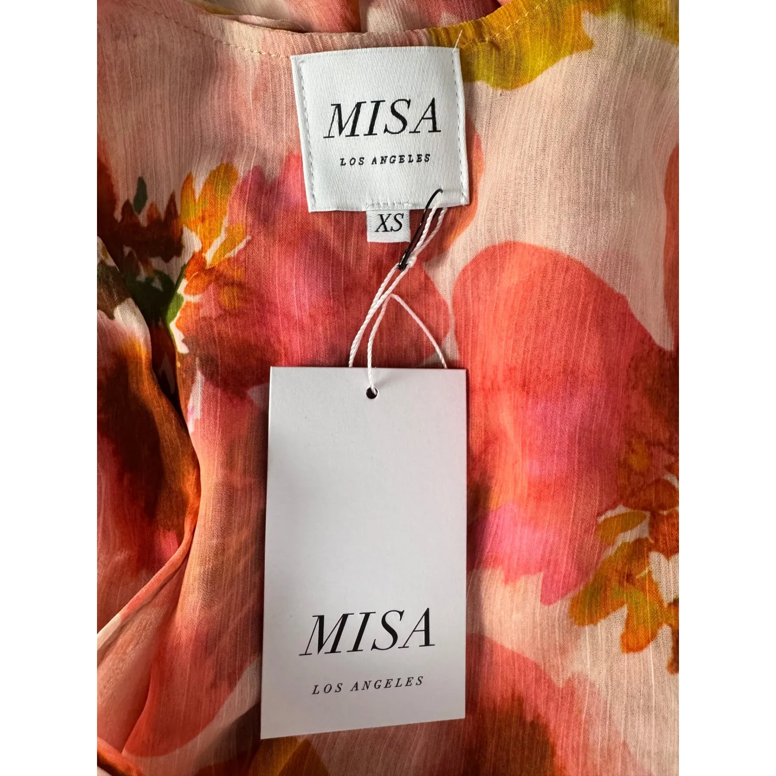 MISA Los Angeles Floral Print Wrap V Neck Long Sleeve Mini Dress Pink Orange - Image 7