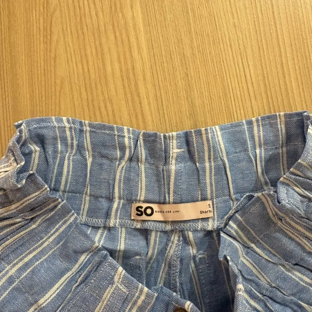 SO Shorts Small Blue White Stripes Paper Bag Waist Linen Rayon Blend Elastic - Image 2