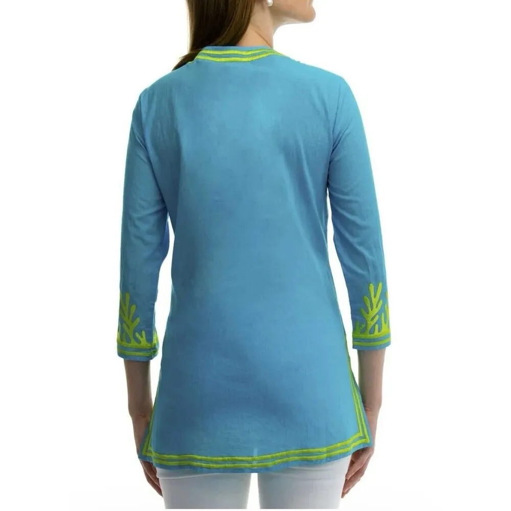 Gretchen Scott Cotton Embroidered Reef Tunic Turquoise / lime Size Medium READ - Image 3